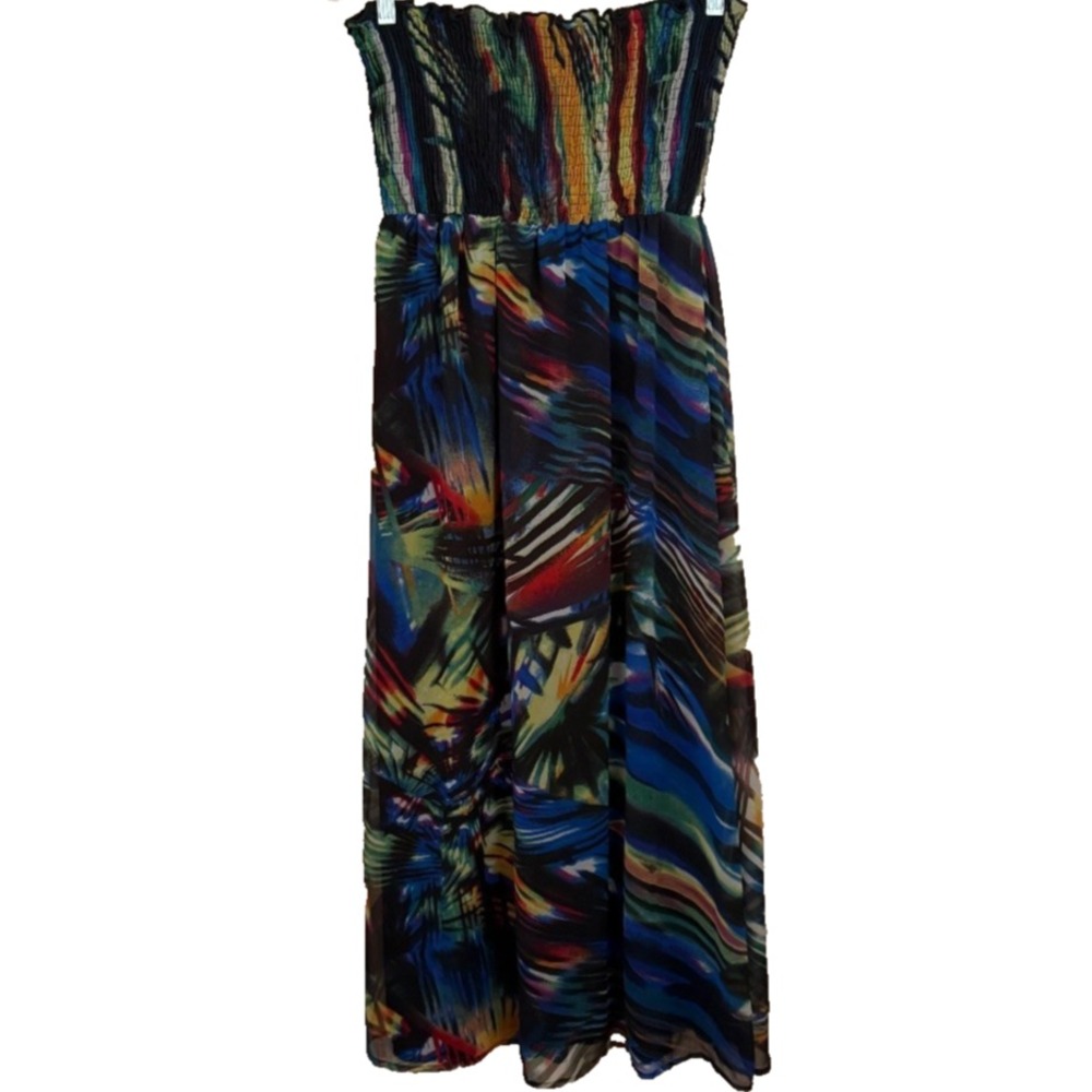 Uttam London Abstract Strapless Smocked Maxi Dress S Beach Flowy Boho Festival